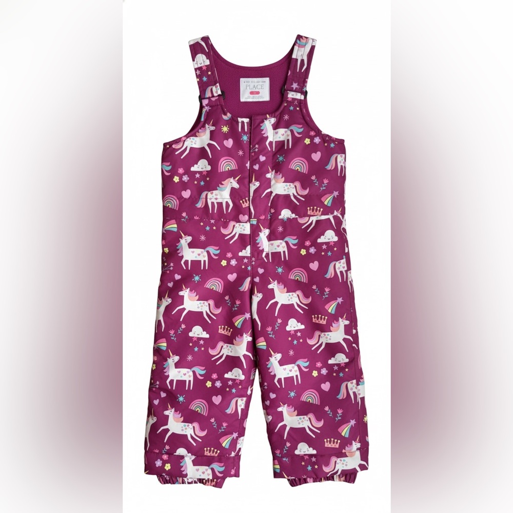 The Children's Place | Magenta Pink Unicorn Rainbow Snow Overalls with Velcro